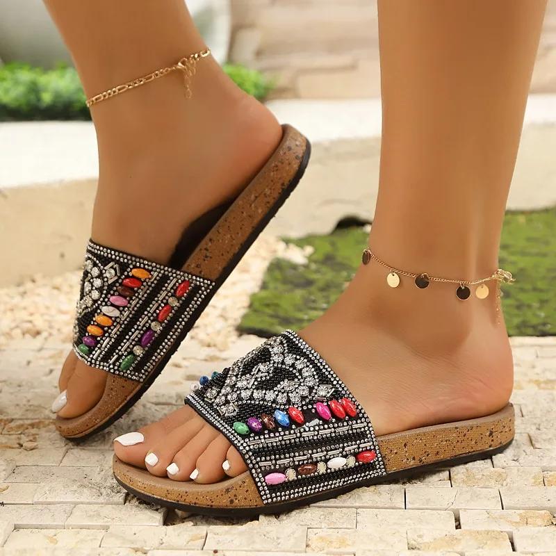 Fashion 2025 Summer Open Toe Women's Slippers Fashion Crystal New Daily Best Seller Soft Bottom Non-Slip Comfortable Flat Slippers