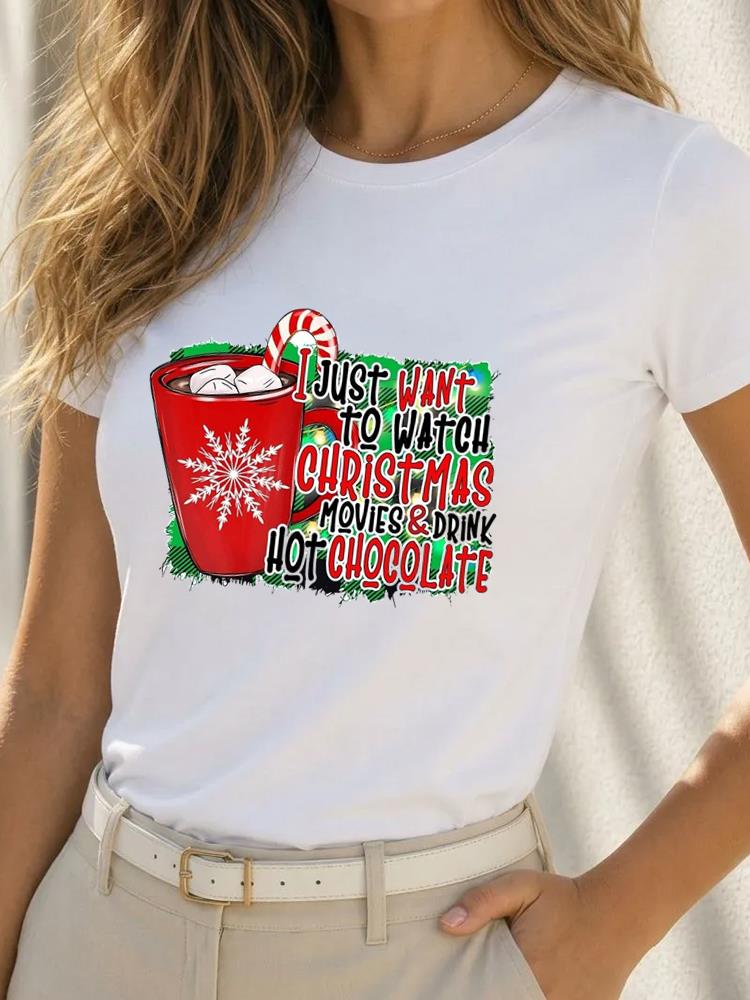 (Asian Size) Short Sleeve T-shirts Happy Festival Merry Christmas Fashion Women's Top O-neck T Shirt Print Casual New Year Clothing Graphic Tee