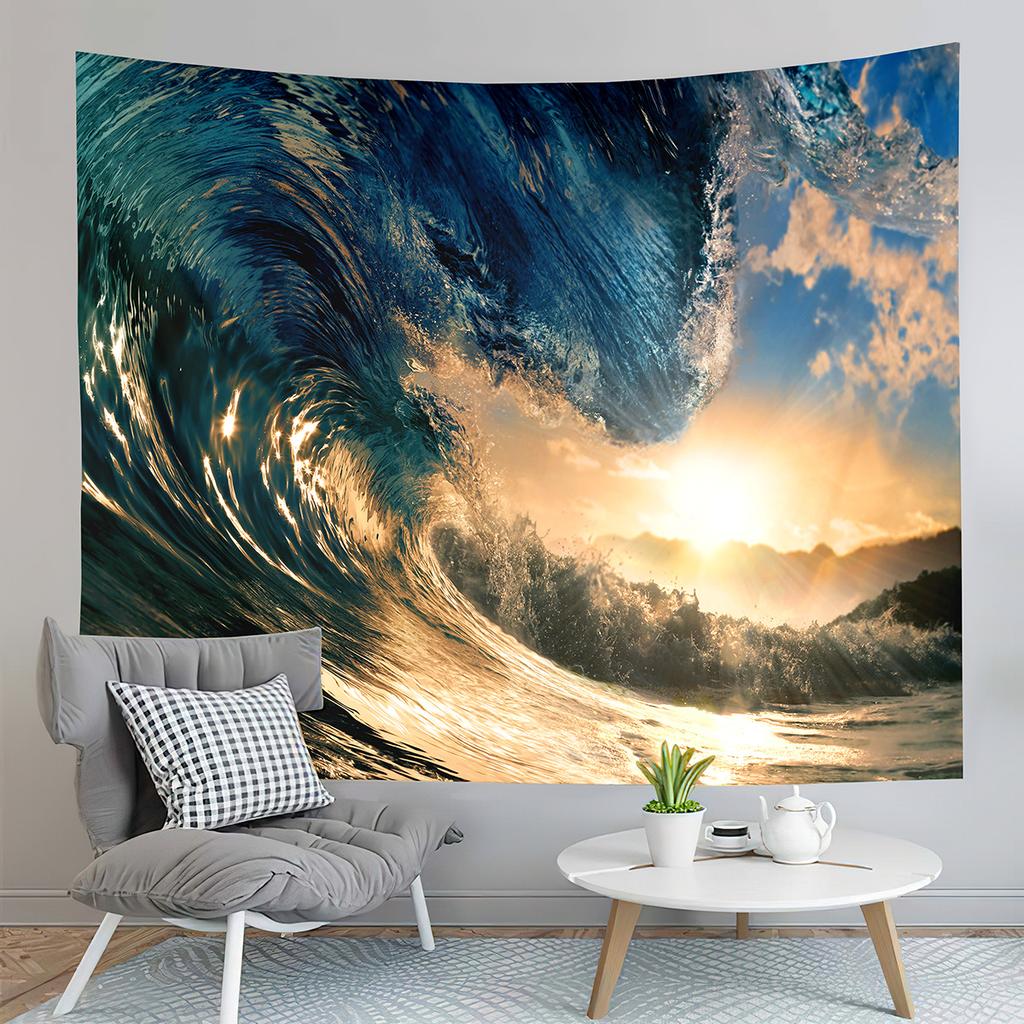 Blue Ocean Waves Tapestry Sea Sunset Scenery Tapestry Nature Art Tapestry Home Living Room Bedroom Wall Modern Art Tapestries