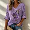 Women's 3D Print Loose Fit V-Neck Three-Quarter Sleeve T-Shirt for Casual Everyday Wear