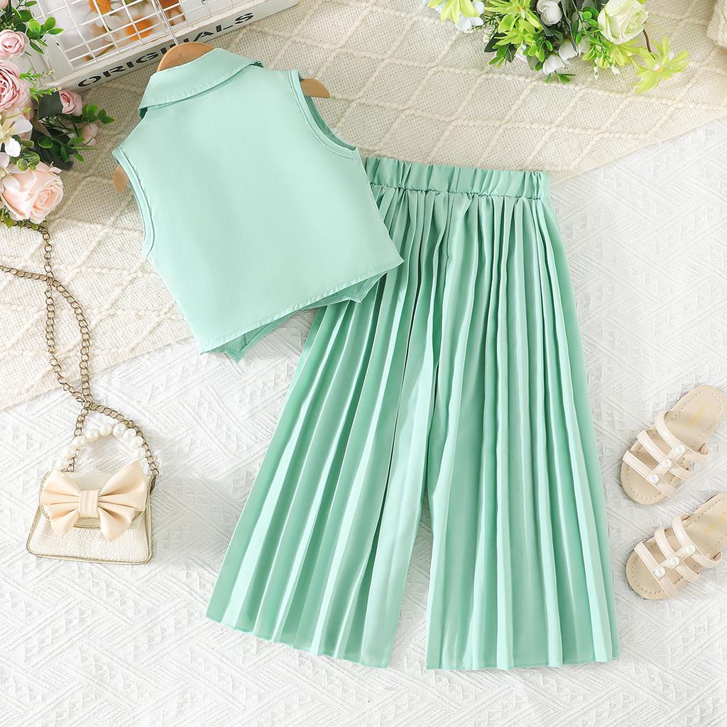 Girls' Fashionable Suit Set: Summer Sleeveless Top + Wide-Leg Pants Set