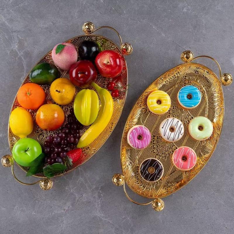 European Fruit Tray, Household Metal Hollowed-out Shape Exquisite Handle Cake Plate,Gold Snack Plate Wedding Decoration,20inch