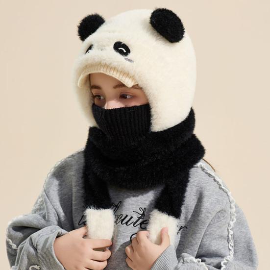 Kids Hat With Face Guard Scarf Plush Inner Lining Solid Color Bear
