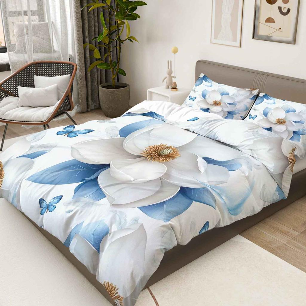 3pcs Duvet Cover Set White Flower Blue Leaves Feather Butterfly Theme Perfect for Bedroom Living Room Hotel Lounge Decoration