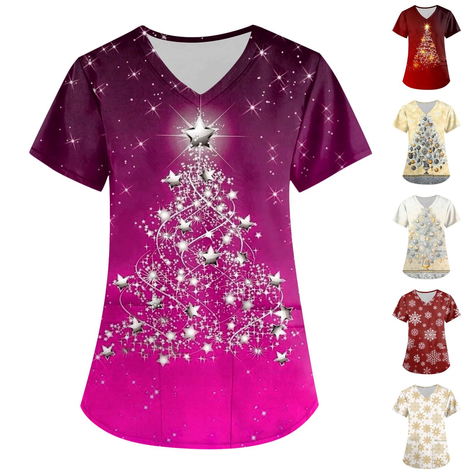 

Женские модные рождественские топы с короткими рукавами и V-образным вырезом с карманами и рабочими футболками L фиолетовый