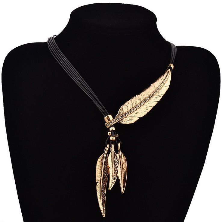 

Bohemian retro feathered leaves with diamonds multi-layer fringed necklace women s collarbone sweater chain with accessories