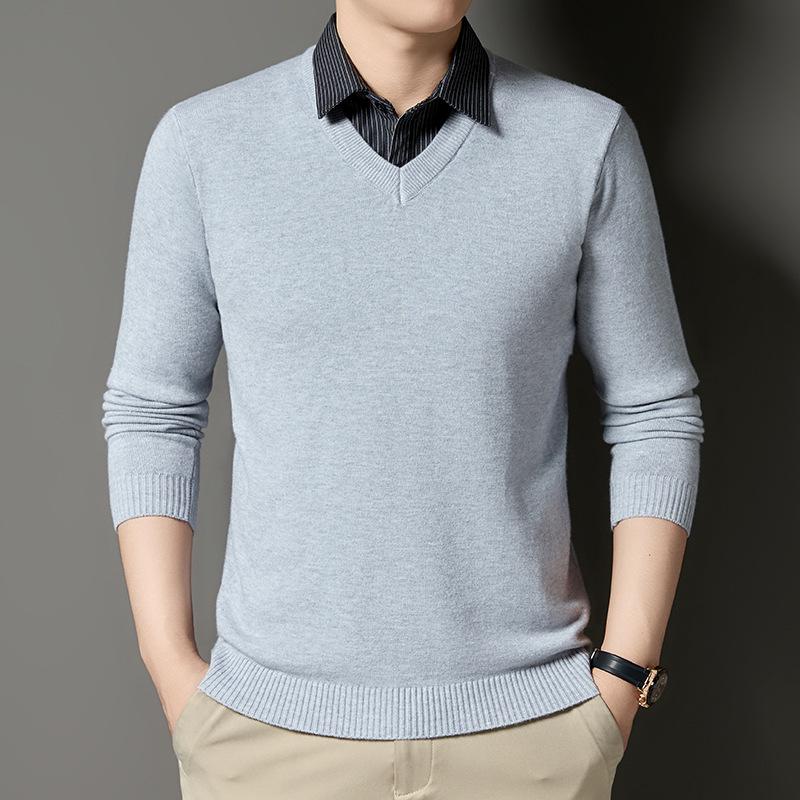 New Fall and Winter Fake Two-piece Shirt Collar Knitted Sweater for Men Stripes Fashionable Warm Skin-friendly Base Sweater