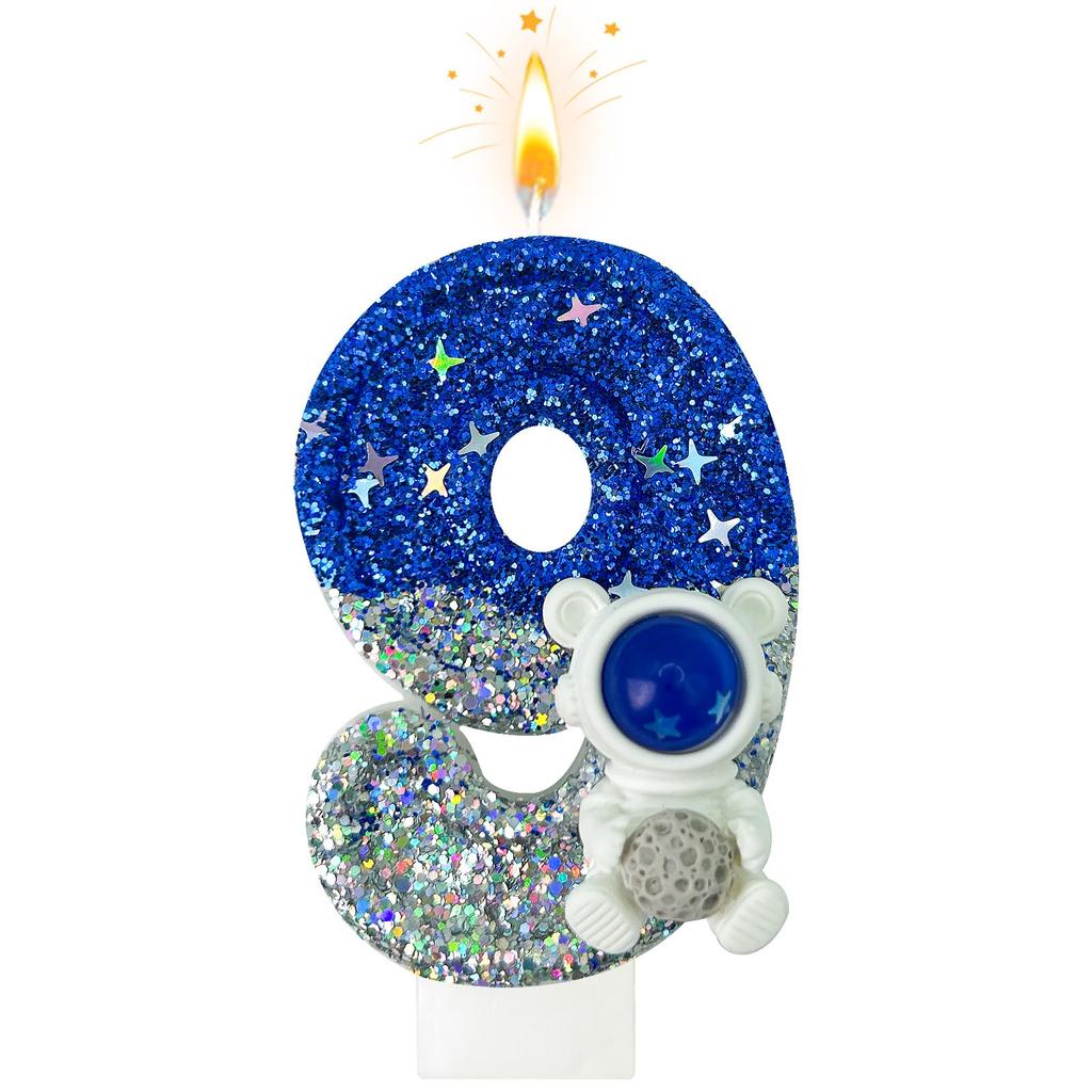 Spaceship Astronaut 0-9 Universe Sparkler Candle for Birthday Cake Boy, Topper for Party Decorations Anniversary Celebrations