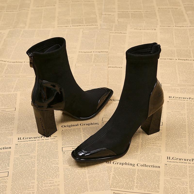 Spring, Autumn and Winter New Temperament Skinny Boots High Heel Boots Small Square Head Women's Short Boots