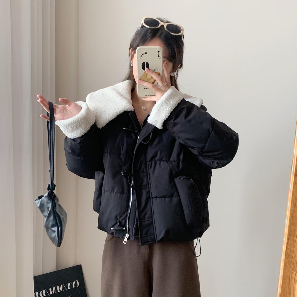 Winter 2025 new Korean lambswool patchwork warm cotton jacket women's short thickened lapel cotton jacket