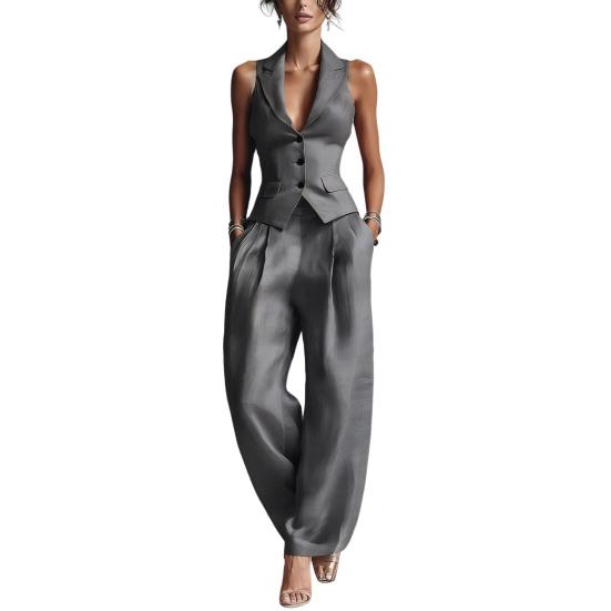 Damen Sommer 2-teilige Business Work Outfits, Ärmellose Hemdweste und Weite Hosen Passendes Set