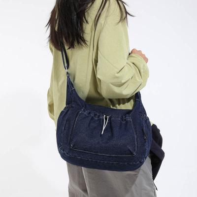 Unterarmtasche Damentasche Vintage Pendler Denim Handtasche Große Kapazität Kordelzug Schultertasche