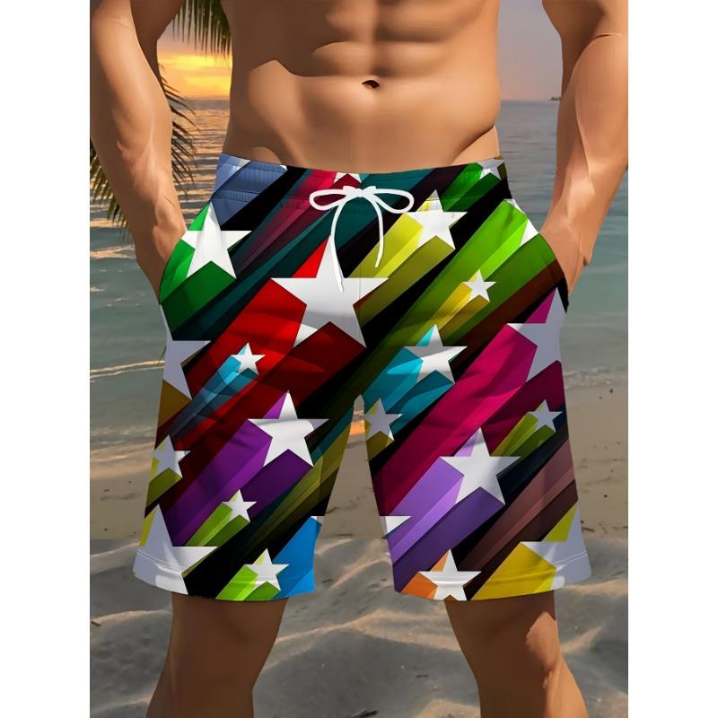 Men s 3D printed beach shorts with star pattern - casual polyester drawstring belt S