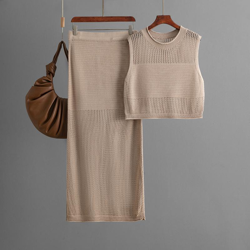Tailored Hollow Sleeveless Vest Set For Summer Knitted Slit Skirt Two-piece Set