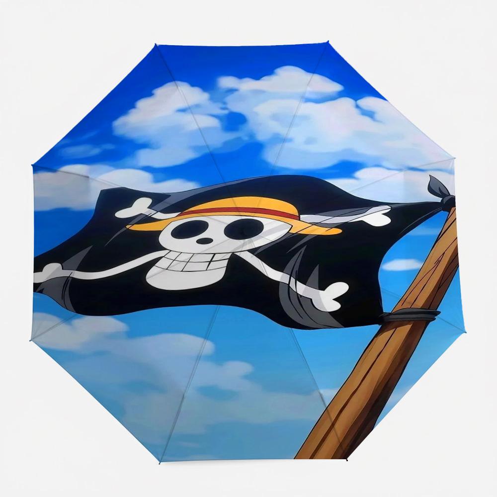 

One Piece Straw Hat Pirates Jolly Roger Flag Waving Blue Sky White Clouds Anime Art Automatic Folding Umbrella Windproof Waterpr (as the picture,Iron&8K)