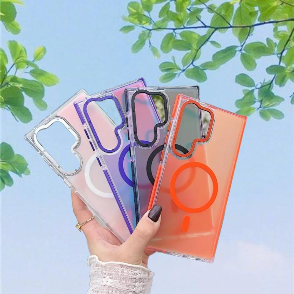 Metal Lens Phone Case For Samsung Galaxy S25 Edge S24 S23 S22 S21 Ultra Plus S24FE MagSafe Wireless Charge Discolour Clear Cover