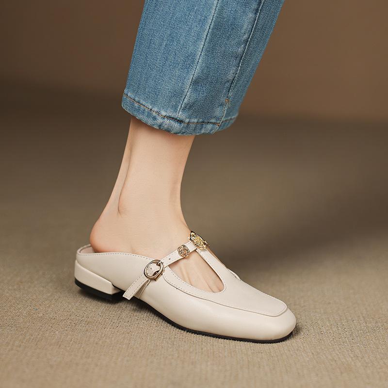 Fashion Slippers Women Summer Shoes Low Cover Toe Rivet Slides PU Rubber Rome Hoof Heels Fabric Shoes Low Ladies' Slippers Cover Toe Riv