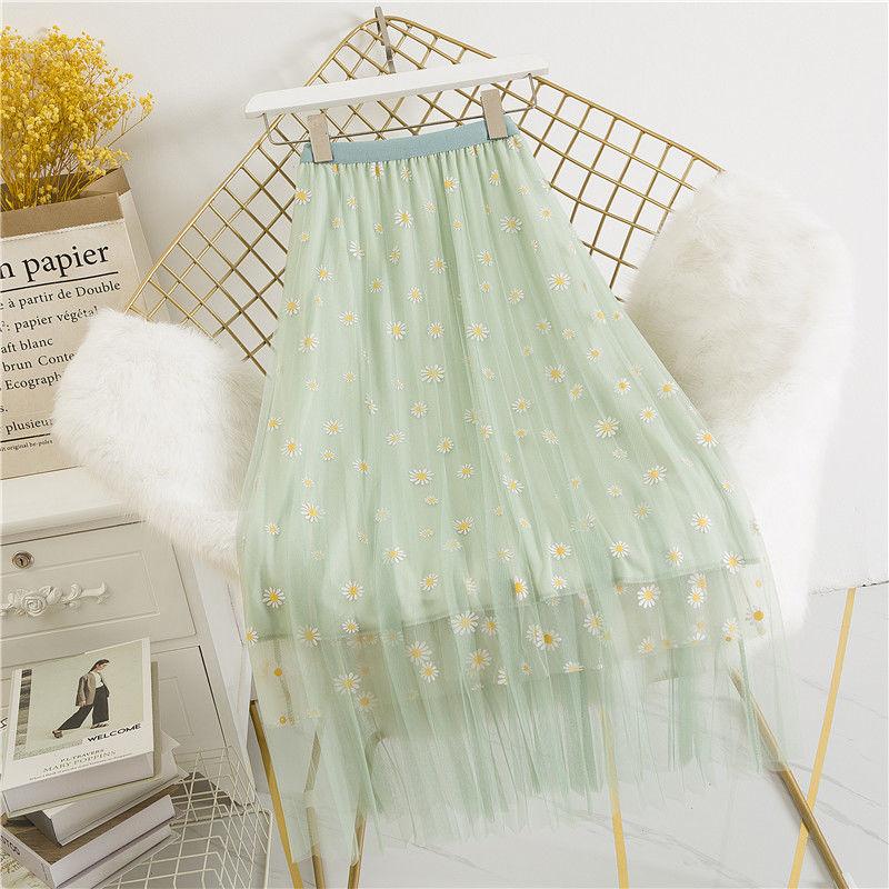 

Сетчатая юбка с принтом ромашки для женщин, струящиеся трапециевидные юбки с высокой талией, элегантные и шикарные юбки one size