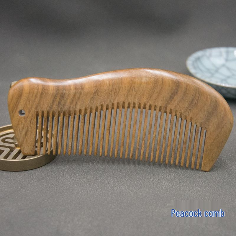 Green Sandalwood Hair Care Comb - 13cm, Model Little Moon Phoenix, for Massage & Scalp Care, Easy to Carry