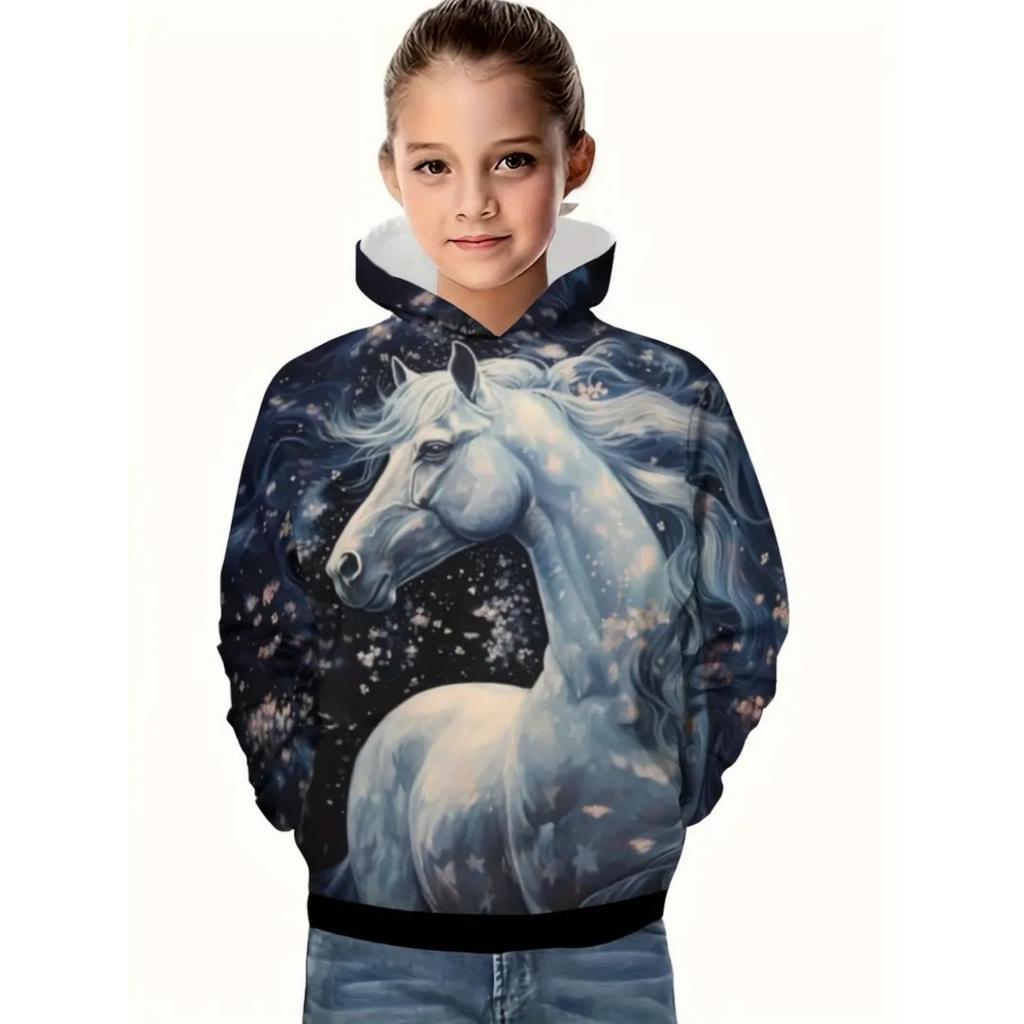 Cool Horse Girl Clothes Animals 3D Print Autumn Long Sleeve Hoodies Loose Lightweight Sweatshirt Comfortable Children's Clothing