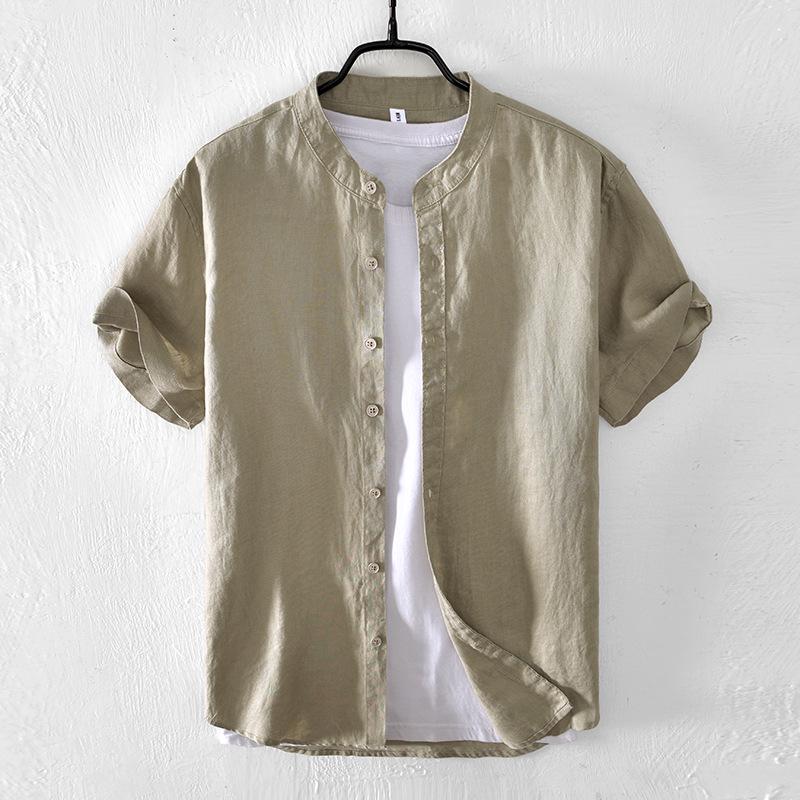 

Мужская летняя льняная рубашка с воротником-стойкой и коротким рукавом - японский стиль, молодежный свободный крой L светло-зеленый