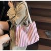 Retro Striped Canvas Tote: Fashionable Large-Capacity Single Shoulder Shopping Bag for Women