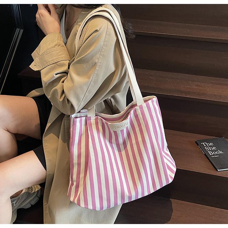 Retro Striped Canvas Tote: Fashionable Large-Capacity Single Shoulder Shopping Bag for Women