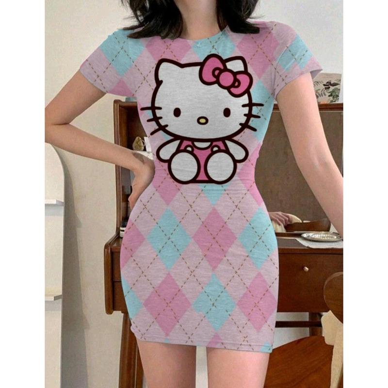 Y2k Fashion Women's 2024 Summer Sexy Tight Mini Dress Party Hello Kitty Printed Loose Short Dress