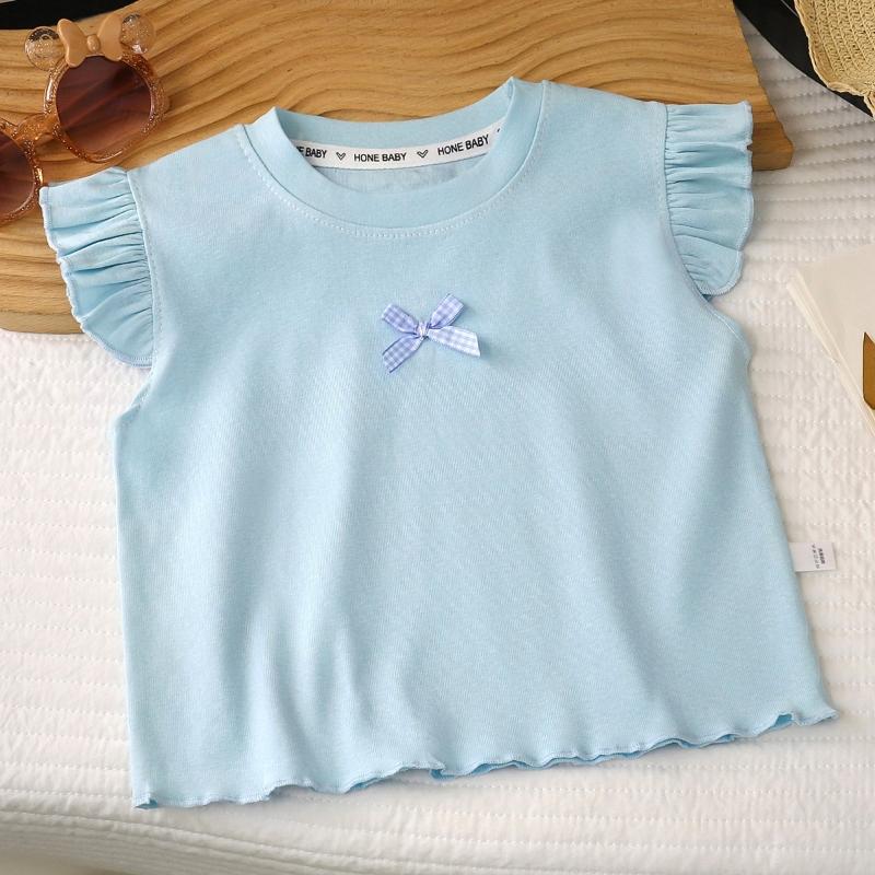 Toddler Flying Sleeve Top Summer Cotton Bow T-Shirts Casual Crewneck Vest Tops Basic Blouse Girls Clothes