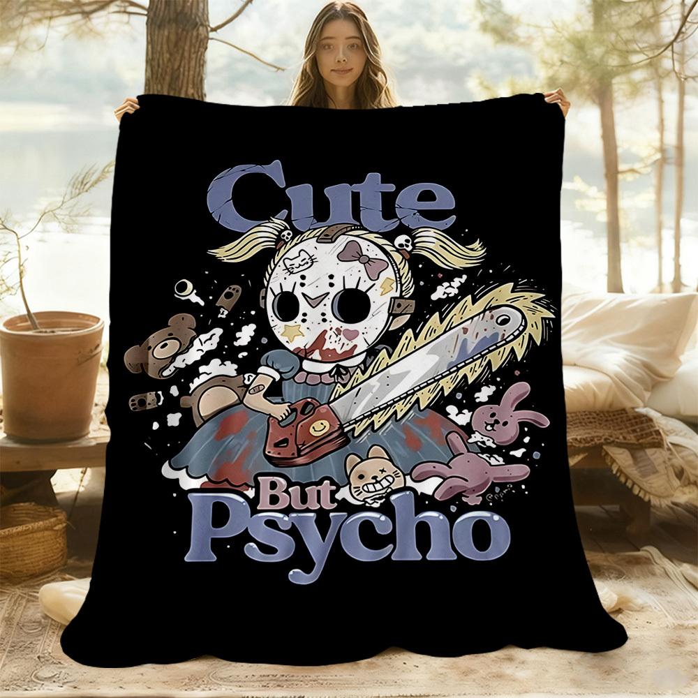 1pc Cute Psycho Outdoor Blanket Lightweight Flannel, Soft & Warm, All Season Use for Sofa, Outdoor, Camping, Living Room, Office, Chair