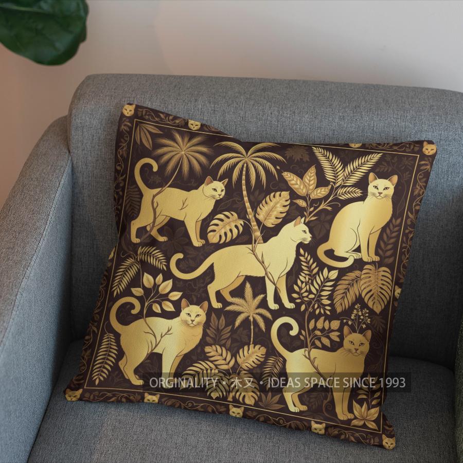 2D Golden Cats Among Green Leaves Pillow Cover Pattern Cushion Cover Suitable For Sofa Bedroom Car Pillow Cover