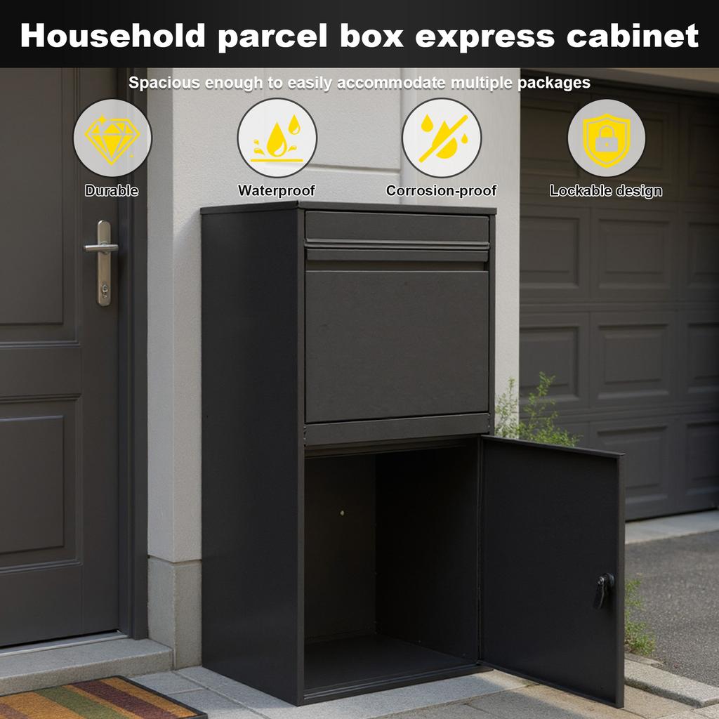 Black Metal Anti Theft Parcel Holder Large Capacity Lockable Design Waterproof Weatherproof Storage for Home Outdoor Delivery