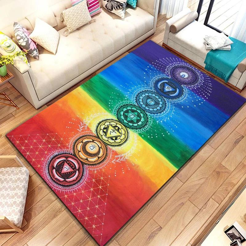 New To Rainbow 7 Chakra Mandala Bohemia Area Rug,Carpet for Living Room Bedroom Sofa Doormat Decor,Yoga Soft Non-slip Floor Mat