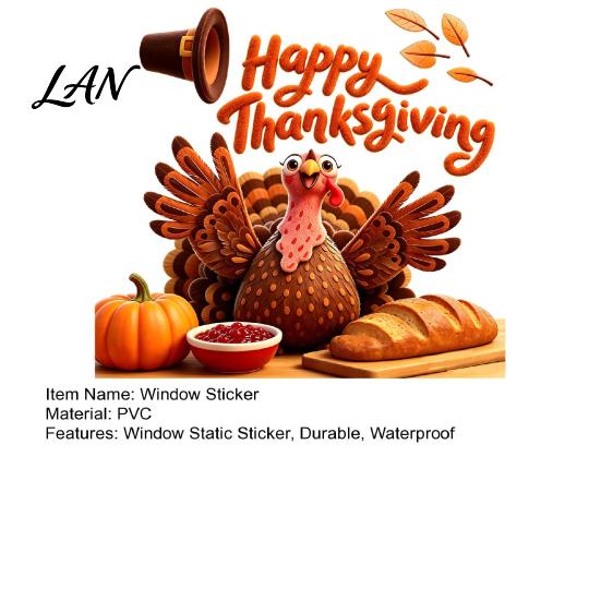 Easy Apply Window Paster Autumn Thanksgiving Turkey Static Sticker, Decorative Removable PVC Decals, Harvest Festival Art Theme Wall Clings for Indoor