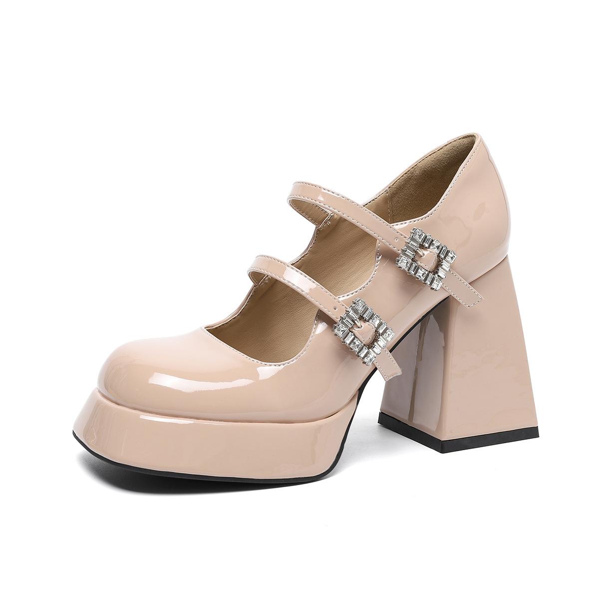 

Новая стразовая пряжка квадратный носок лакированная кожа толстый каблук высокий каблук женская обувь платформа водонепроницаемая стол Мэри Джейн универсальная увеличение роста 35 розовый