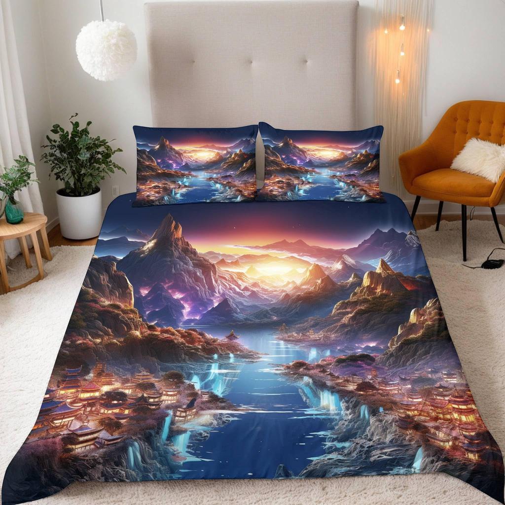 Mountain and Flowing Water Duvet Covers for Teens Adults Queen Quilt Cover with 2 Pillowcase Mountain River Bedding Set No Quilt