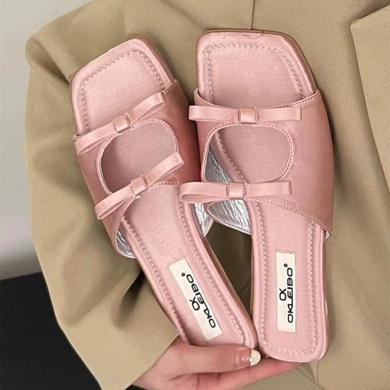 

2025 Summer Designer Dress Slides Beach Shoes Women Bow Flat Slippers Women s Shoes Open Toe Flat Slippers for Women 35 розовый