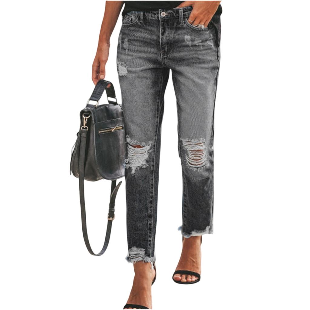 Damen gewaschene distressed Jeans mit Riss-Details und funktionellen Taschen, verkürzte Länge, lässige Passform