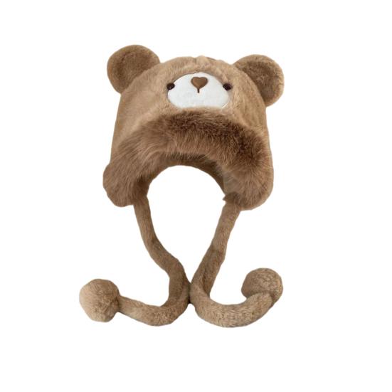 Women Hat Solid Color Thickened Plush Bear Warm Hat