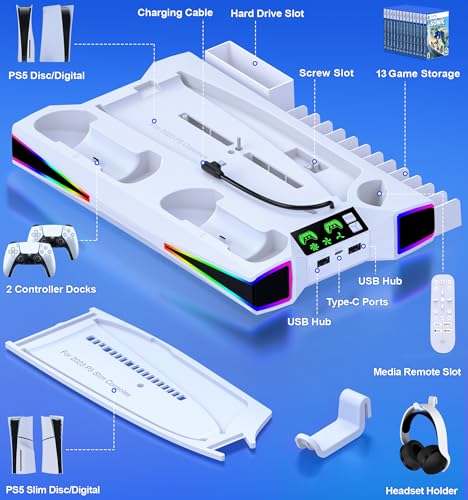 PS5 Slim Stand with 6-Color RGB Lights, PS5/PS5 Slim Controller Charging Stand, Simultaneous Charging of 2 Controllers, 3-Stage Cooling, PS5 Disc/Digi