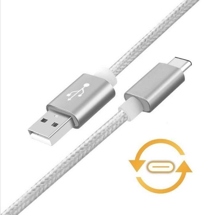 Cable metal tresse type c pour oppo reno chargeur usb 1m reversible connecteur syncronisation nylon (argent)