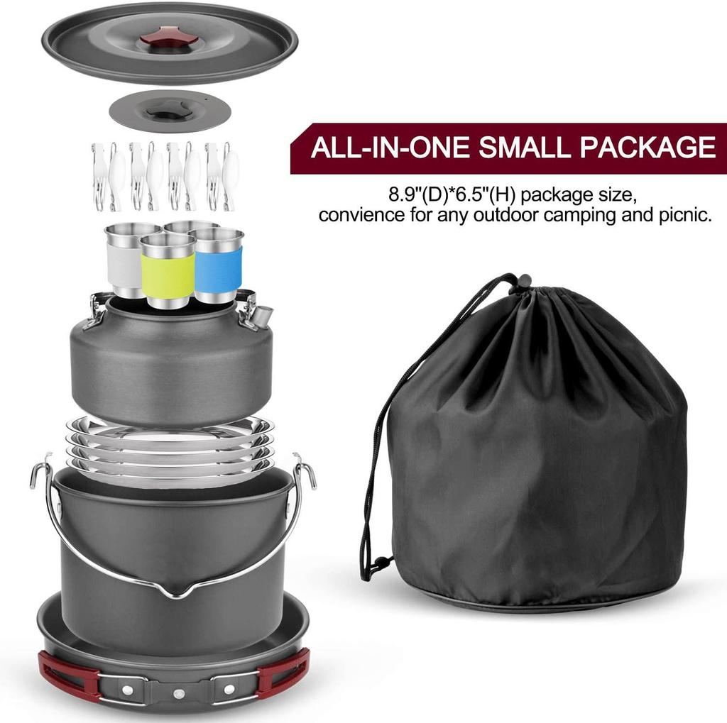 Tetera de Camping para Exteriores de 1.6L y Juego de Utensilios de Cocina Apilables con Olla Colgante y Plato Profundo