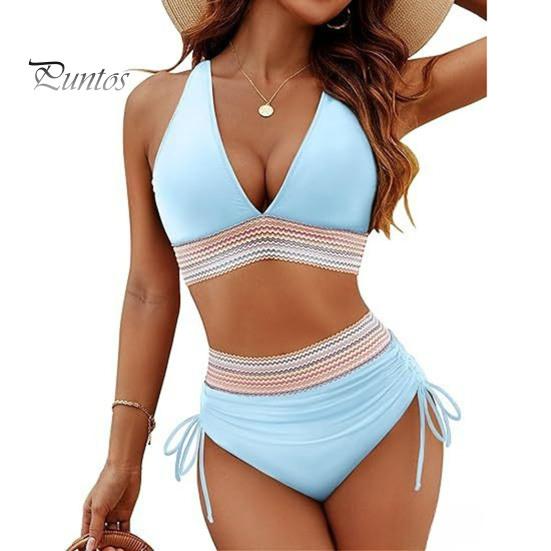 2Pcs/Set Women Bikini Set Sexy Deep V-Neck Swimming Bra High Waist Swimming Trunks Set Patchwork Color Swimsuit