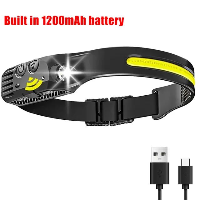 Induction Headlamp COB+LED Head Flashlight Built In Battery USB Rechargeable Outdoor Waterproof Camping Fishing Work Lantern