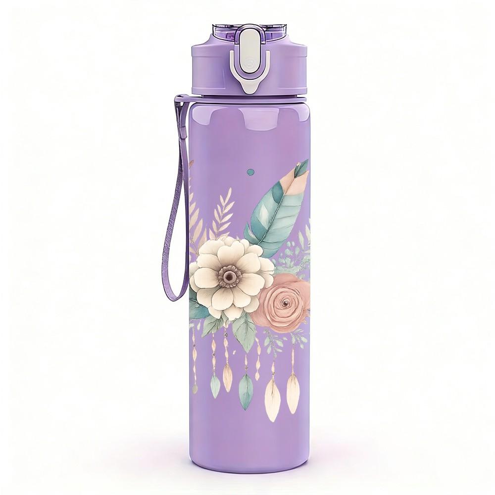 1PC Neutral Wildflower Bouquet 750ml Color Plastic Sports Water Bottle Leakproof Flip Straw Lid Suitable for Sports Office Home Use