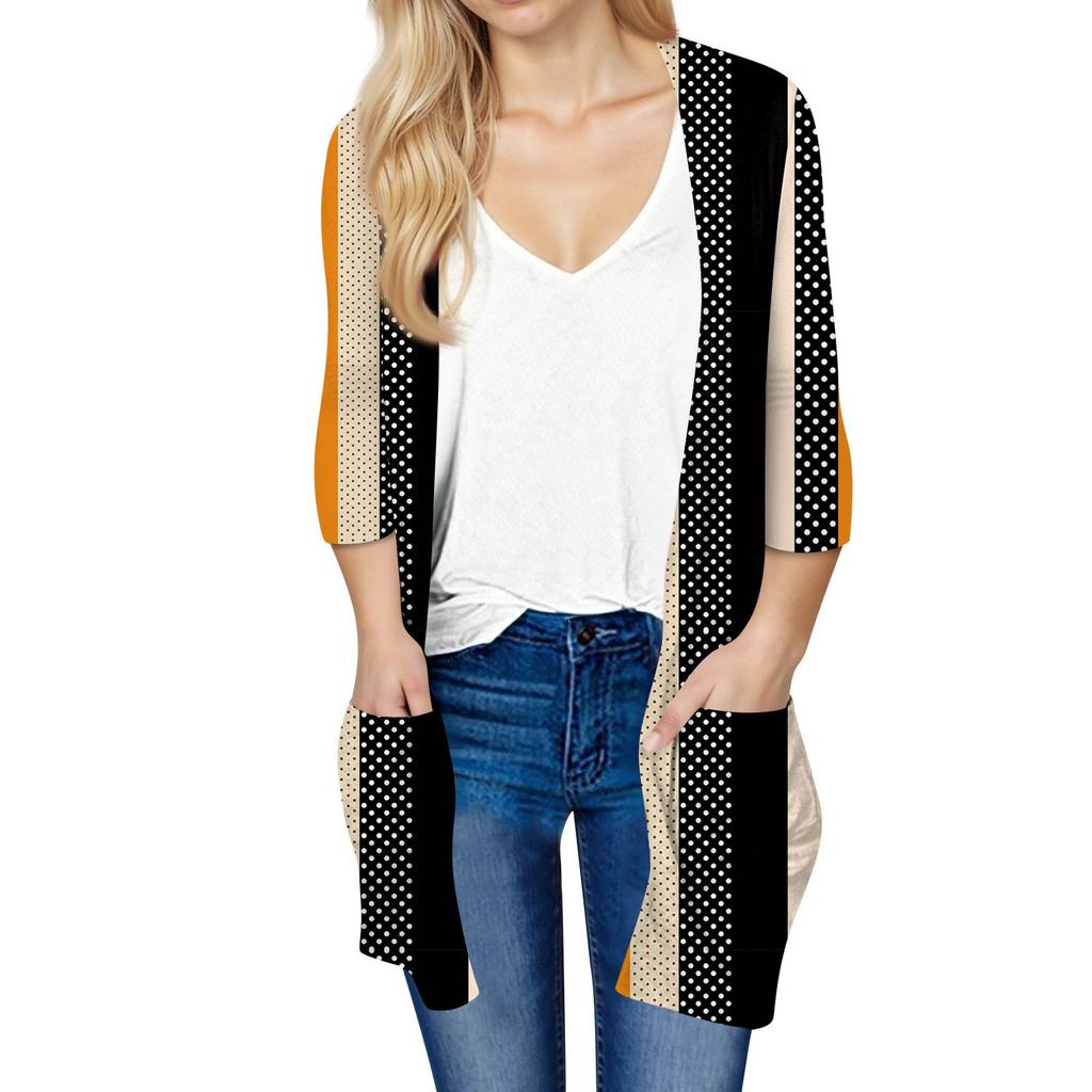 Women's Fashion Loose Casual Pocket Printed Cardigan Seven Sleeve Jacket Top