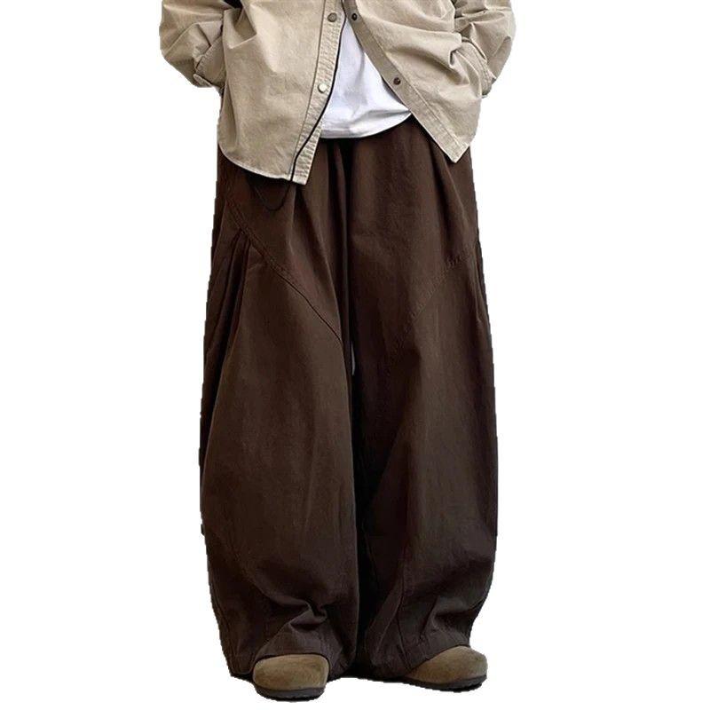 Unisex Japanese Retro Wide-Leg Pleated Cargo Pants - Casual Elastic Waist College Style