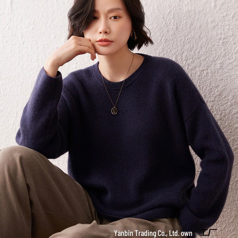 Women's Cashmere Round Neck Loose Sweater - Thick Knit Pullover for Autumn/Winter
