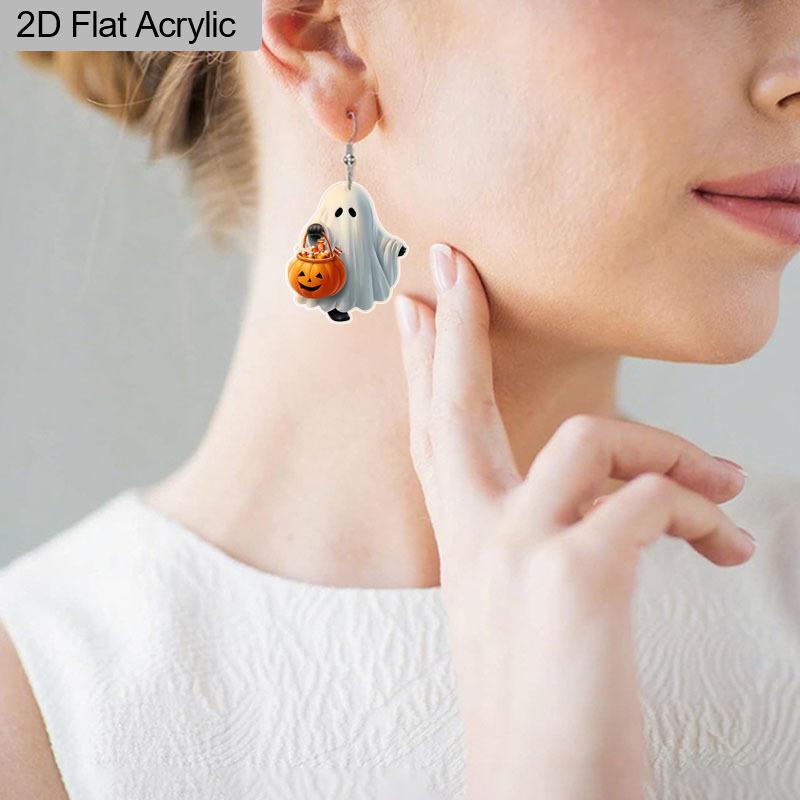 2D Flat Halloween Ghost Earrings for Women Cute Cartoon Ghost Dangle Earrings Acrylic Fun Spooky Earrings BOO Halloween Theme Jewelry