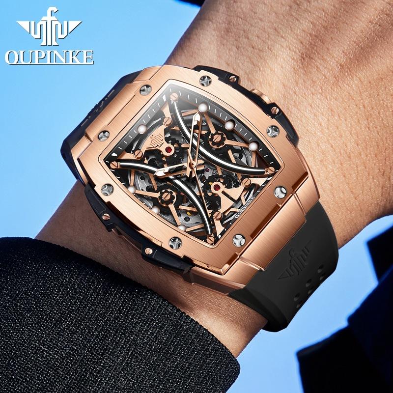 OUPINKE Zegarek Hollow Barrel Mechaniczny zegarek Moda Silikon Wodoodporny Męski zegarek Męski zegarek